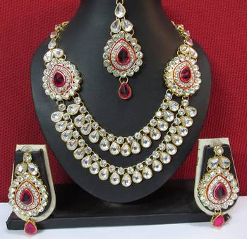 Two Side Brooch Dark Pink stone Wedding Necklace set 1