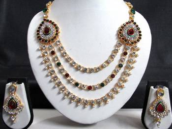 Two Brooch Wedding Maroon Green Stone Necklace Set 1