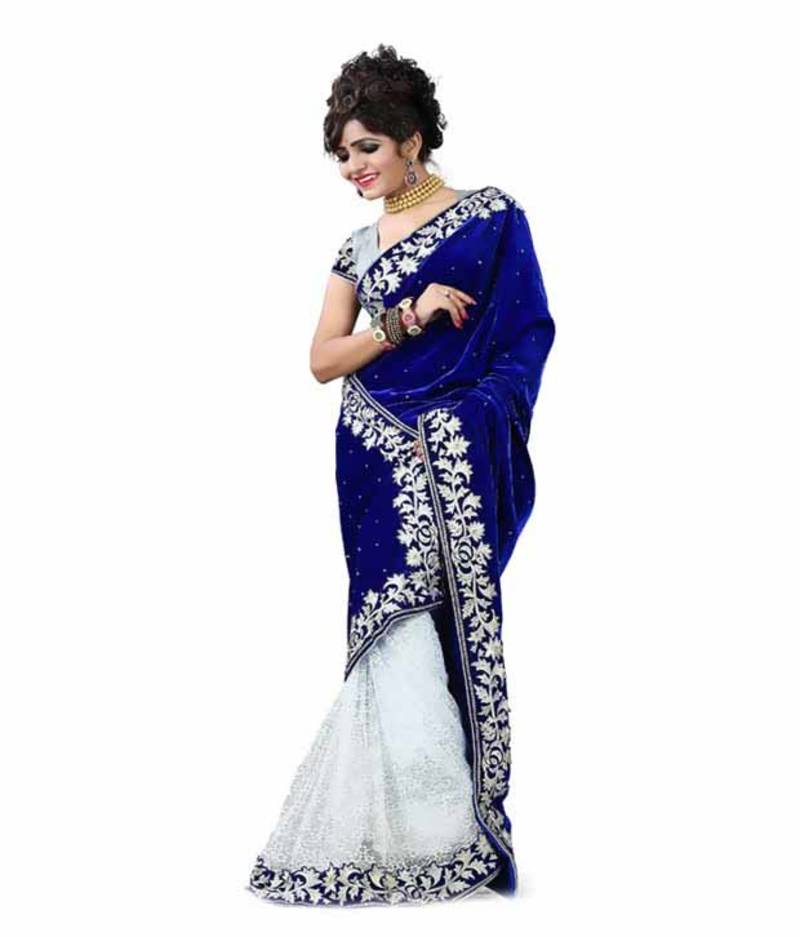 Mihika Fashion Blue-White Velvet Saree