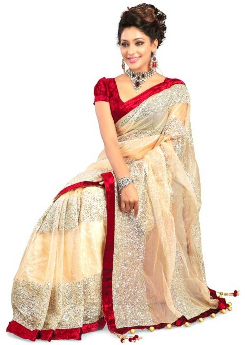 Beige Net Saree With Red Blouse