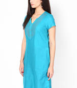 Designer Sky Blue Cotton Plain Long Kurti Half Sleeve