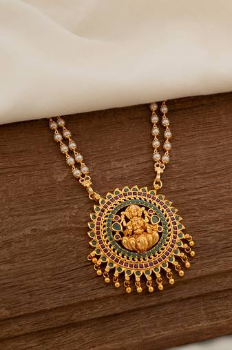 Off-white pearl necklace LONG with Big Laxmi pendant one gram gold