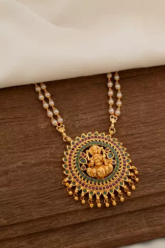 Off-white pearl necklace LONG with Big Laxmi pendant one gram gold