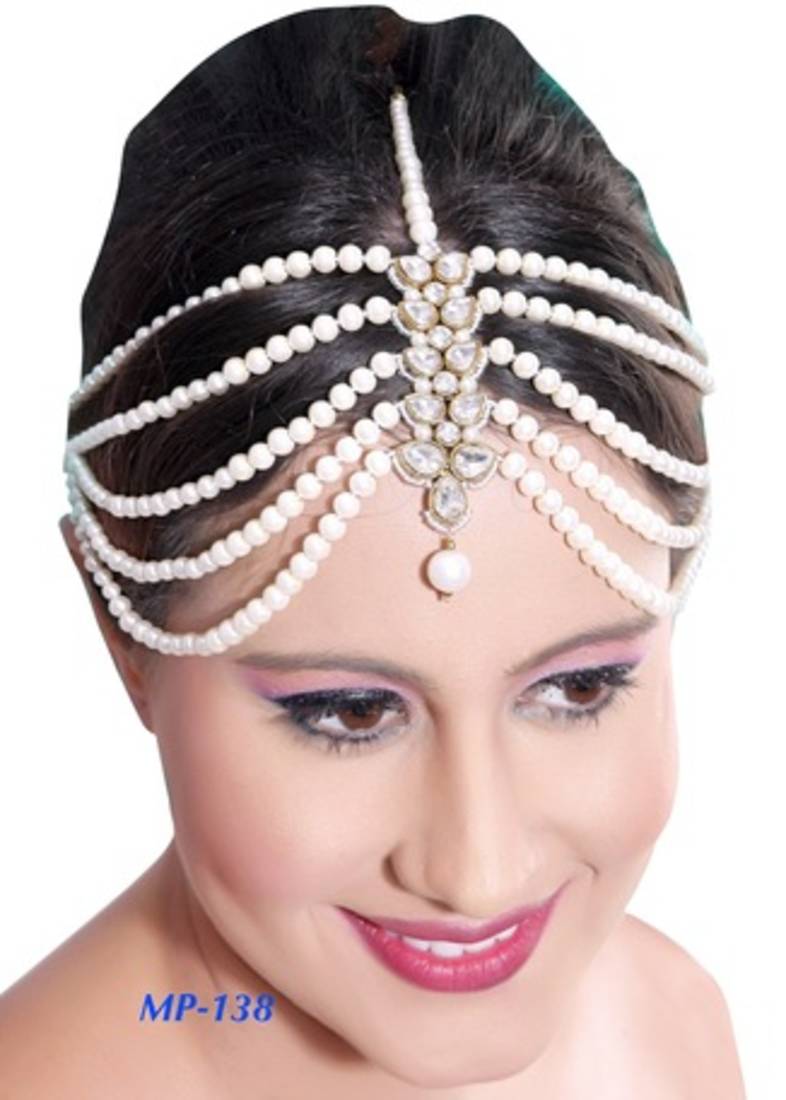 Trendy Design Matha Patti Gold Finishing with Pearl and Stone in White. Exotic Design Matha Patti For Wedding Gold Finishing with  main image 3