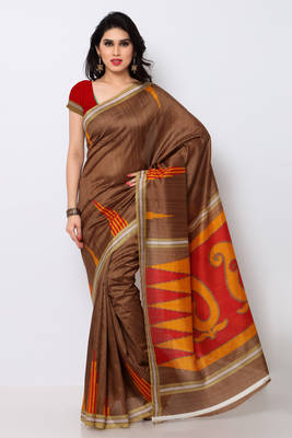 brown printed art silk saree with blouse 1