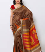 brown printed art silk saree with blouse