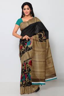 black printed art silk saree with blouse