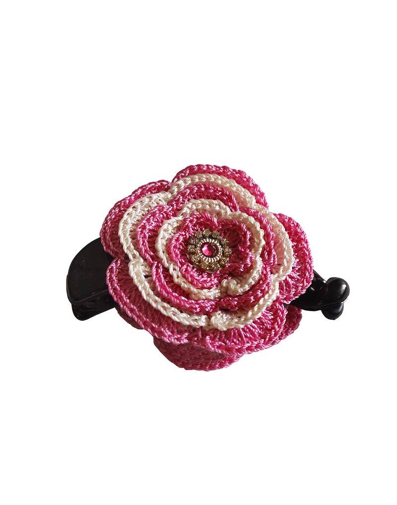 Pink White Big Banana Hair Clip with Two 5 Layer Crochet Motif