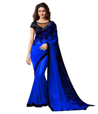 Blue embroidered georgette saree with blouse 1