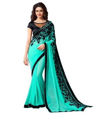 Sea green embroidered georgette saree with blouse 1
