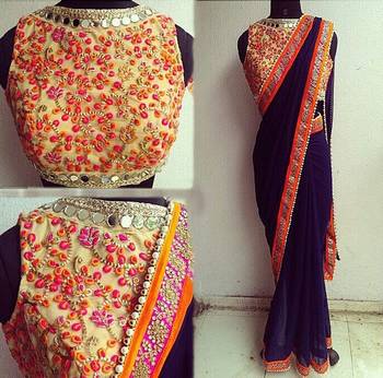 navy_blue plain georgette saree with blouse 1