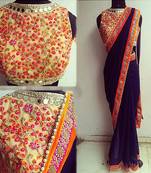 navy_blue plain georgette saree with blouse