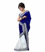 Blue-White Velvet Saree With White Blouse