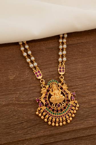 Laxmi necklace with pearl and ruby chain one gram gold Temple jewellery