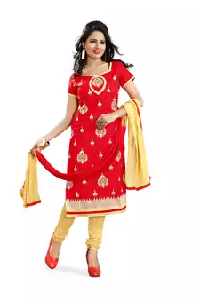 Red embroidered chanderi unstitched salwar with dupatta