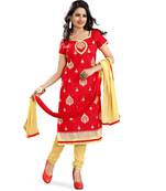 Red embroidered chanderi unstitched salwar with dupatta