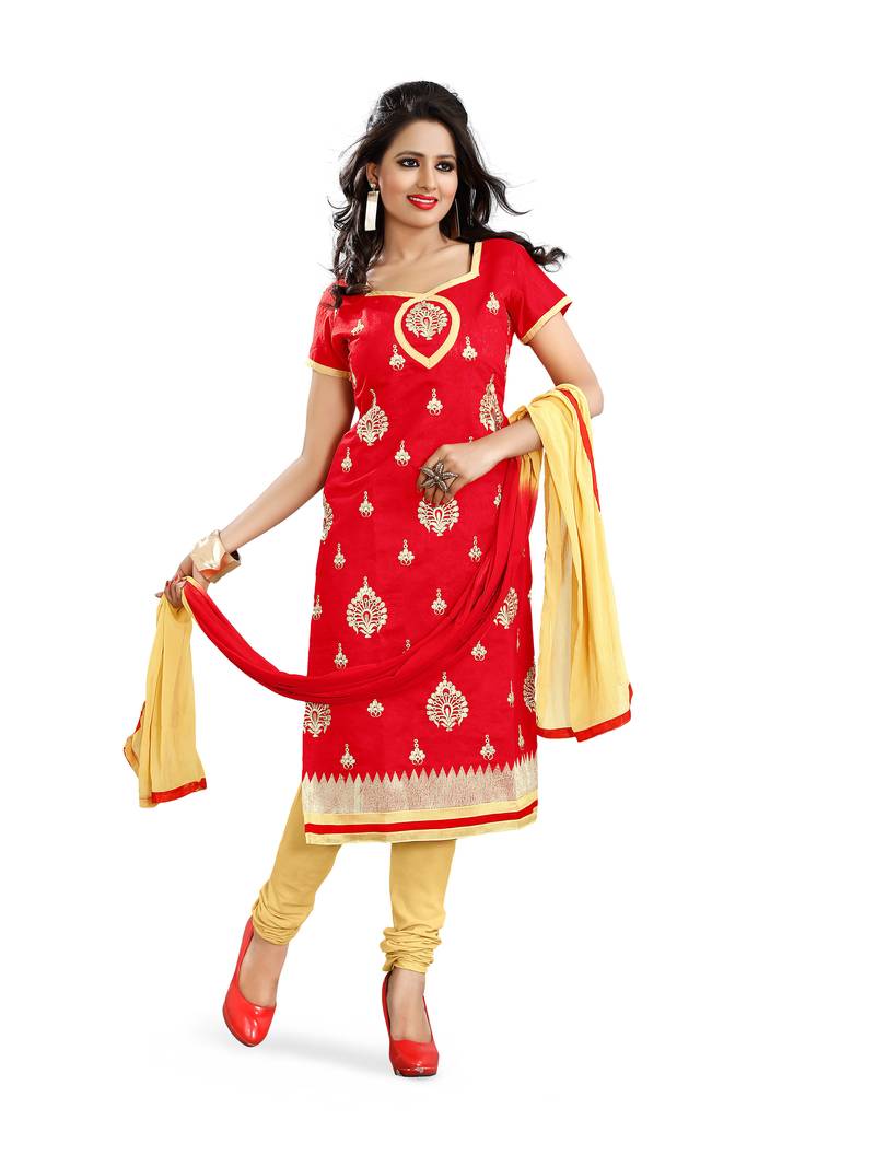 Red embroidered chanderi unstitched salwar with dupatta