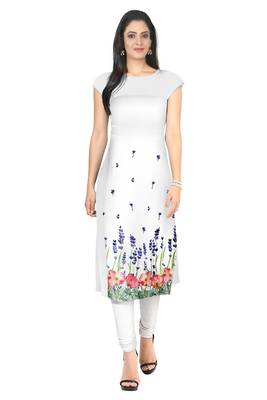 White printed Faux Crepe long-kurtis 1