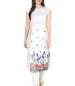 White printed Faux Crepe long-kurtis