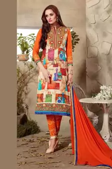 Cream and orange printed cotton unstitched salwar with dupatta