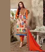 Cream and orange printed cotton unstitched salwar with dupatta