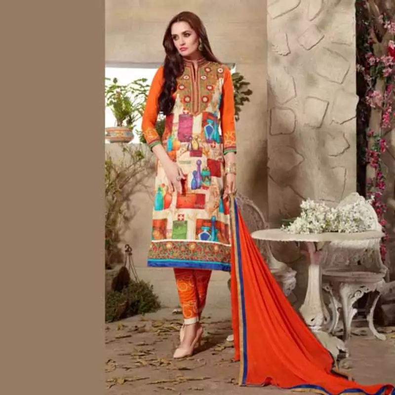 Cream and orange printed cotton unstitched salwar with dupatta