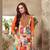 Cream and orange printed cotton unstitched salwar with dupatta