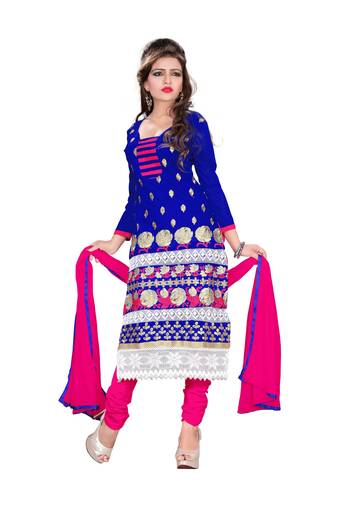 Blue embroidered chanderi unstitched salwar with dupatta