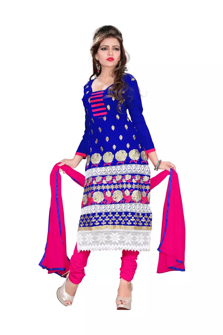 Blue embroidered chanderi unstitched salwar with dupatta