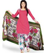 Pink & White Printed Cotton Unstitched Semi Patiala Suit Material