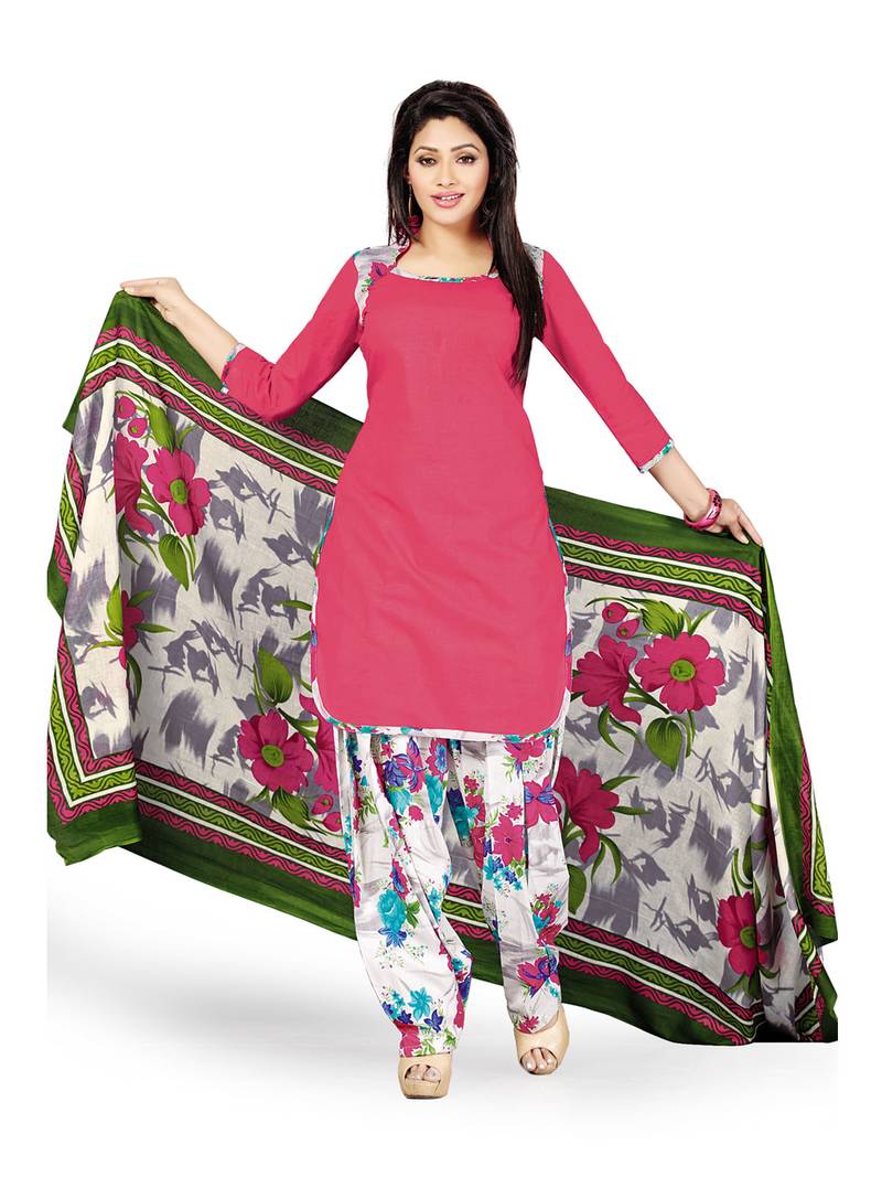 Pink & White Printed Cotton Unstitched Semi Patiala Suit Material
