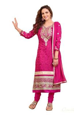 Pink embroidered cotton unstitched salwar with dupatta 1