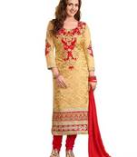 Yellow embroidered cotton unstitched salwar with dupatta