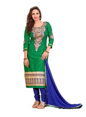 Green embroidered cotton unstitched salwar with dupatta 1