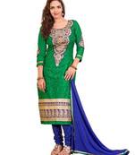 Green embroidered cotton unstitched salwar with dupatta