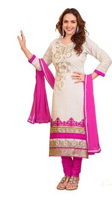 Beige embroidered cotton unstitched salwar with dupatta 1