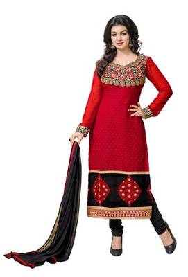 Red embroidered faux georgette unstitched salwar with dupatta 1
