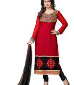 Red embroidered faux georgette unstitched salwar with dupatta