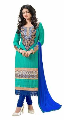 Green embroidered faux georgette unstitched salwar with dupatta 1