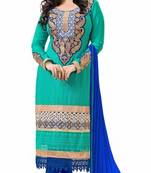 Green embroidered faux georgette unstitched salwar with dupatta