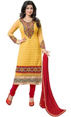 Yellow embroidered faux georgette unstitched salwar with dupatta 1