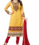 Yellow embroidered faux georgette unstitched salwar with dupatta
