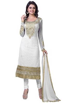 White embroidered faux georgette unstitched salwar with dupatta 1