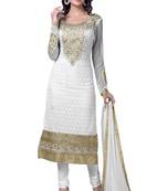 White embroidered faux georgette unstitched salwar with dupatta