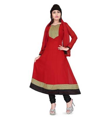 Red embroidered faux georgette unstitched salwar with dupatta 1