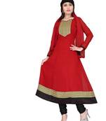 Red embroidered faux georgette unstitched salwar with dupatta