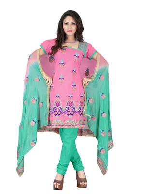 Pink embroidered cotton unstitched salwar with dupatta 1