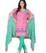 Pink embroidered cotton unstitched salwar with dupatta