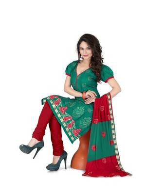 Green embroidered cotton unstitched salwar with dupatta 1