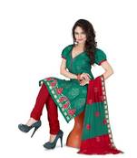 Green embroidered cotton unstitched salwar with dupatta